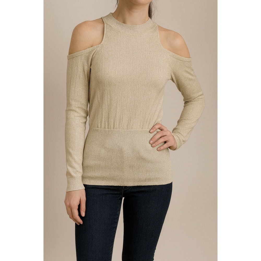 bebe Mock Neck Cold‎ Shoulder Metallic Knit Long Sleeve Top